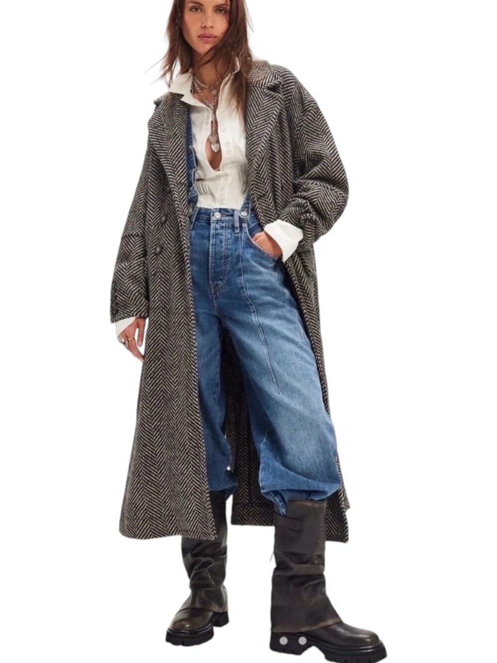 Free People Micah Herringbone Long Duster Coat Black Cream Small